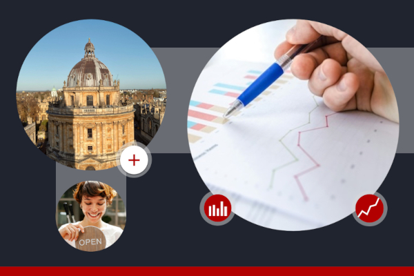 Photo illustration showing Oxford, business data charts and a young woman holding and open to business sign