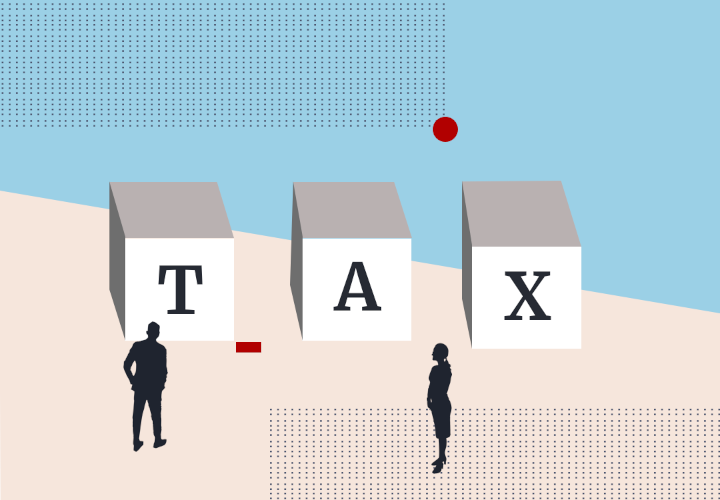 An illustration of corporation tax consisting of big letters writing tax and a man and a woman looking at it