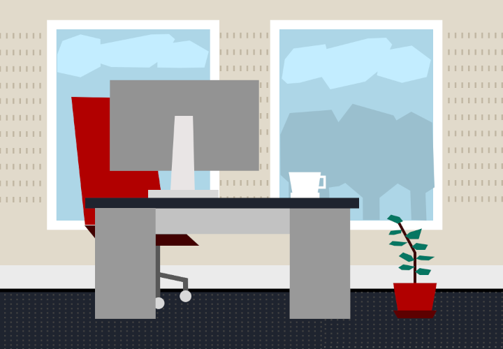 Illustration of a registered office interior with a work desk, office chair, computer screen, coffee mug and a plant