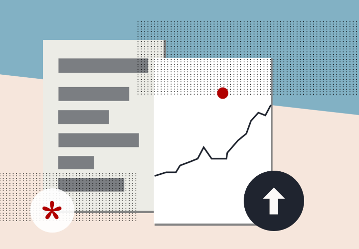 Illustration in blue, red and beige showing documents used for year-end-accounts calculations